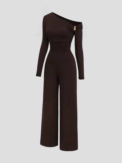 Sweetra New Autumn/Winter Fashion Elegant Sexy Cold Shoulder Long Sleeve Slim Fit Flattering Y2K Design Decor Metal Buckle Minimalist Daily Date Commute Versatile Jumpsuit
