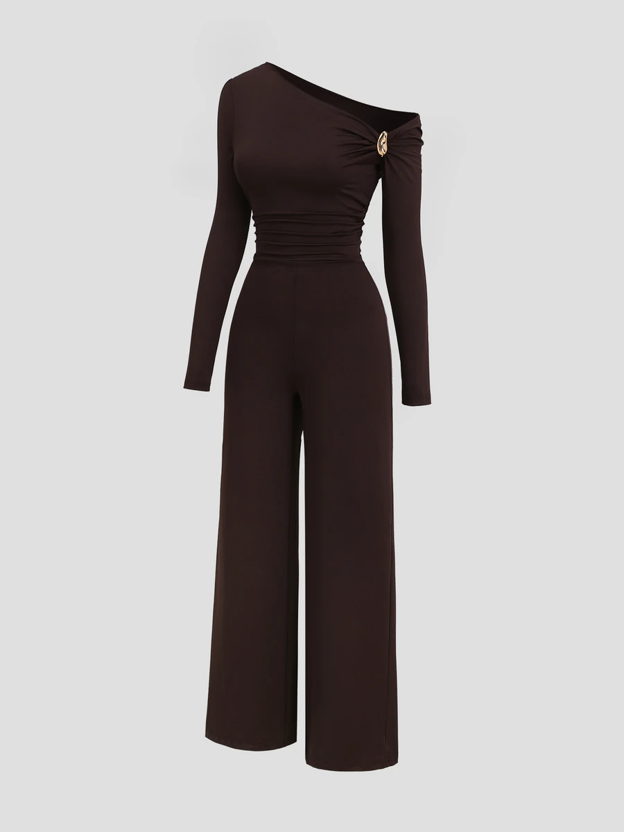 Sweetra New Autumn/Winter Fashion Elegant Sexy Cold Shoulder Long Sleeve Slim Fit Flattering Y2K Design Decor Metal Buckle Minimalist Daily Date Commute Versatile Jumpsuit - Coffee Brown - View 1