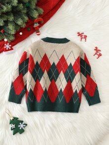 兒童中性男童/女童秋冬復古菱格紋聖誕毛衣，幼兒聖誕毛衣 - 綠色 - 查看 2