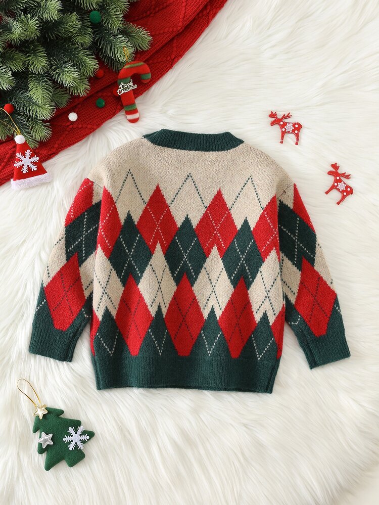 Kids Unisex Young Boy/Girl Autumn/Winter Retro Argyle Pattern Christmas Sweater, Toddler Christmas Sweater - Green - View 2