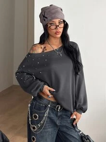 Coolane 女款秋冬電音節穿搭街頭風 性感 Y2K 時尚 復古龐克哥德風 奢華保暖 閃亮鉚釘灰色露肩衛衣 - 灰色 - 查看 5