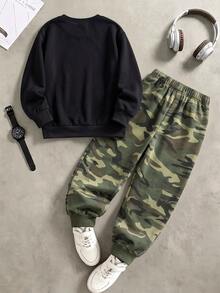 Boys (Big) Sweatshirt Set, Black Sweatshirt With Camouflage Texture "LEGEND" Letter Print On Chest, Ribbed Cuffs And Hem, Matching Camouflage Jogger Pants With Ribbed Cuffs - Multicolor - View 2