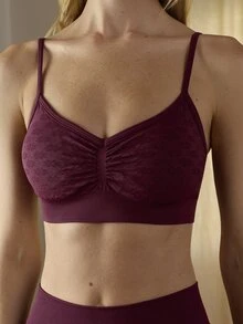 Nöista Activewear Seamless Sports Bra With Floral Jacquard In Bugundy, With Front Gathering Perfect For Fall Winter, Gym Barre Yoga - Burgundy - View 4