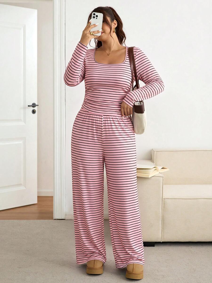 Lounesse Plus Size Women Striped Square Neck Long Sleeve T-Shirt And Wide Leg Pants Casual 2 Pieces Set - Pink - View 1