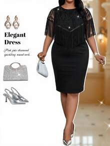 Fleurora Plus Size Elegant Luxury Tassel Decor Dress For Evening Party - Black - View 7