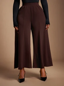 SHEIN SXY Plus Size Women's Casual Coffee Brown High Waist Wide Leg Cropped Pants Fall - Brown - View 1