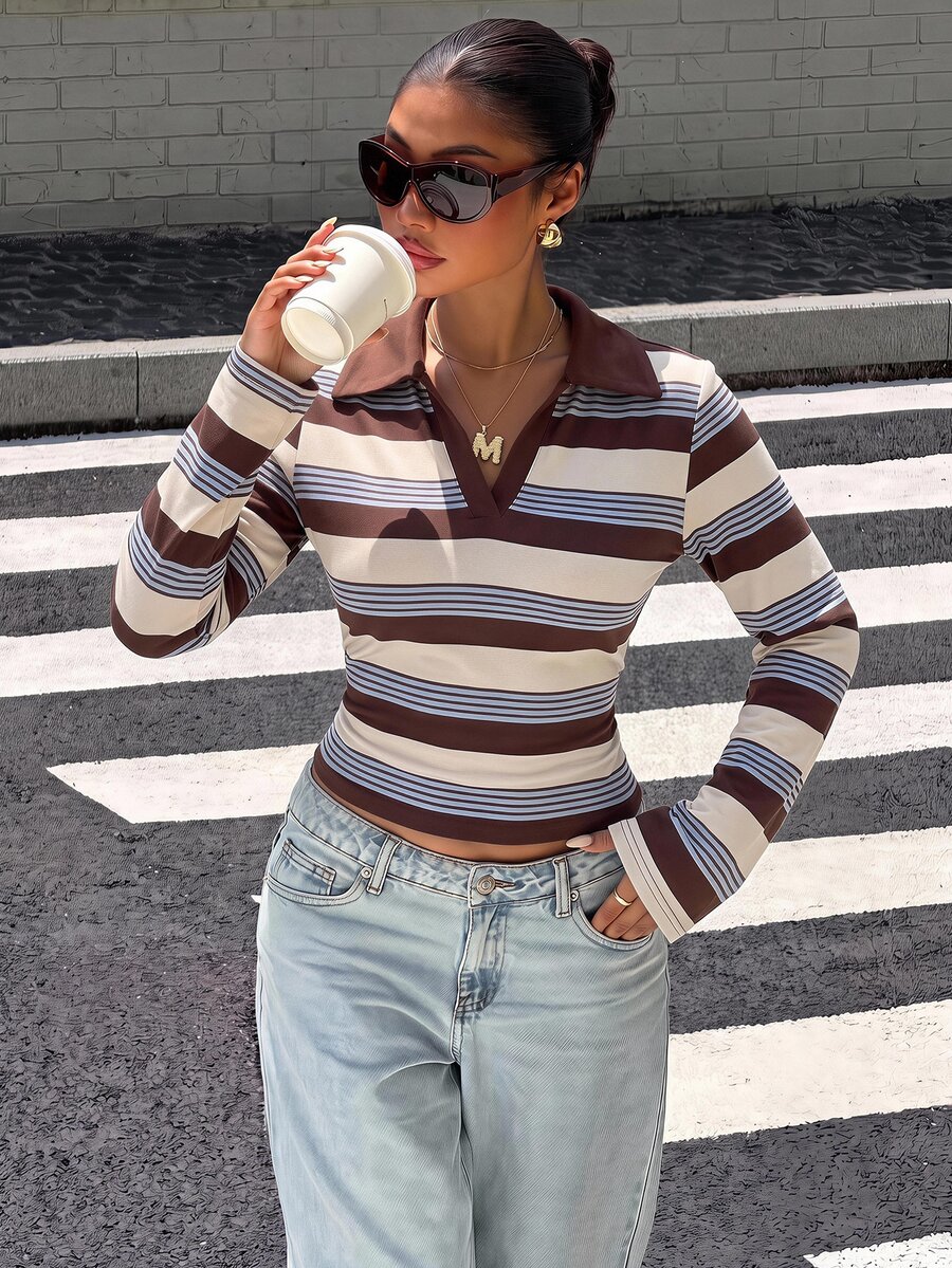 Muchica Women's Striped Casual Versatile Daily Long Sleeve T-Shirt - White - View 1