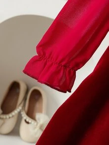 Young Girls Velvet Mesh Long Sleeve Dress, Bow Neck Cutout A-Line Flared Dress, Red Princess Party B - Red - View 8