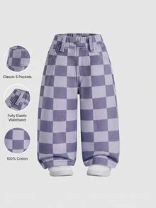 Elladie kids Denimly 嬰兒與幼兒休閒戶外學院風百搭牛仔長褲，彈性腰帶，格紋圖案，水洗 - 紫色 - 查看 1