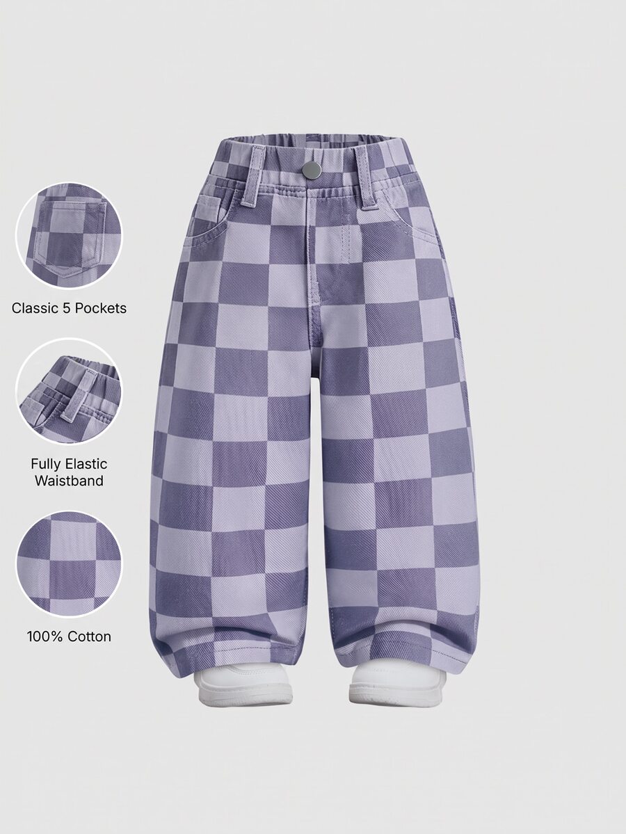 Elladie kids Denimly 嬰兒與幼兒休閒戶外學院風百搭牛仔長褲,彈性腰帶,格紋圖案,水洗 - 紫色 - 查看 1
