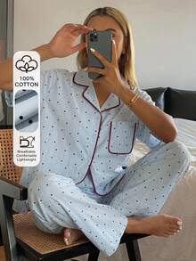 DAZY 2pcs/Set Women's Polka Dot All-Over Print Short Sleeve Cardigan Top & Straight Leg Long Pajama Pants Sleepwear Set - Blue - View 6