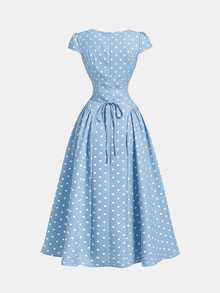 SHEIN MOD Apricot Black Polka Dot Square Neck Cap Sleeve Midi Dress - Blue - View 2