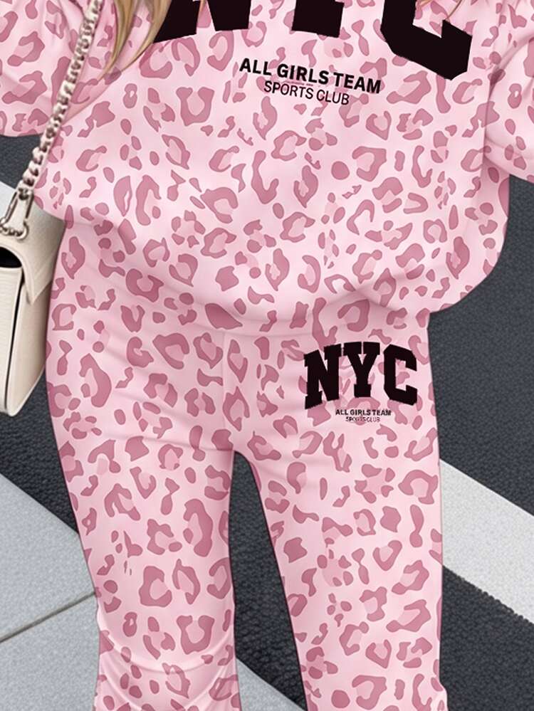 Tween Girl Leopard & Tween Girl Letter Graphic Drop Shoulder Autumn Winter Sweatshirt & Flare Leg Sweatpan - White - View 4
