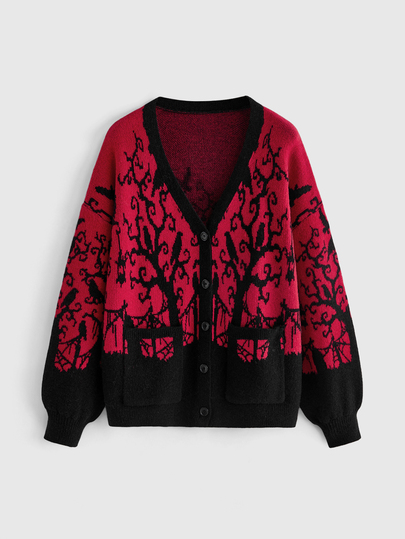 Goth Cardigan holgado de talla grande con cuello en V y bordado de patrón de serpiente y luna de estilo gótico casual