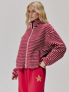 MUSERA Borg Fleece Stripey High Neck Zip Through Jacket Cute Daily Vintage Y2K Back To School Primary - Red - View 4