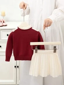 Souflis 女嬰長袖開襟衫套裝 彼得潘領蕾絲飾邊 酒紅與奶油色 - 紅色 - 查看 2
