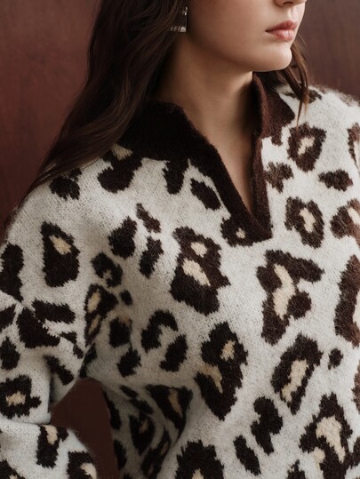 Anewsta Women's Knit Leopard Print Jacquard V-Neck Mock Neck Pullover Sweater