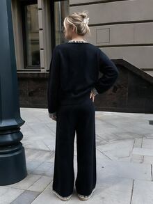 Flora Isola Flora Isola Women's Casual Minimalist V-Neck Loose Knit 2 Pieces Set - Black - View 2