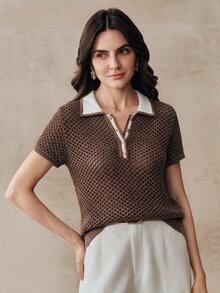 Anewsta 女款春夏拼色亞麻鏤空針織 Polo 衫，復古翻領短袖上衣 - 鏽棕色 - 查看 6