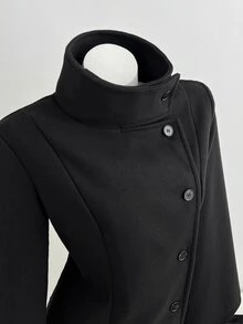 Elamini High Neck Double-Breasted Decor Flared Sleeve Overcoat - Black - View 4