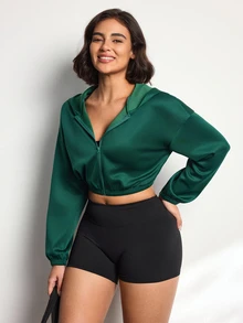 SHEIN Sports 女款長袖拉鍊休閒短版連帽衛衣 - 墨綠色 - 查看 4