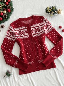 Elamini Women's Casual Versatile Christmas Jacquard Knit Cardigan Sweater For Daily Wear, Autumn/Winter - Red - View 1