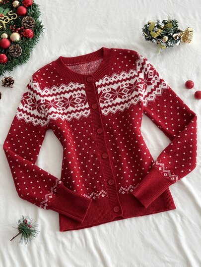 Elamini Women's Casual Versatile Christmas Jacquard Knit Cardigan Sweater For Daily Wear, Autumn/Winter