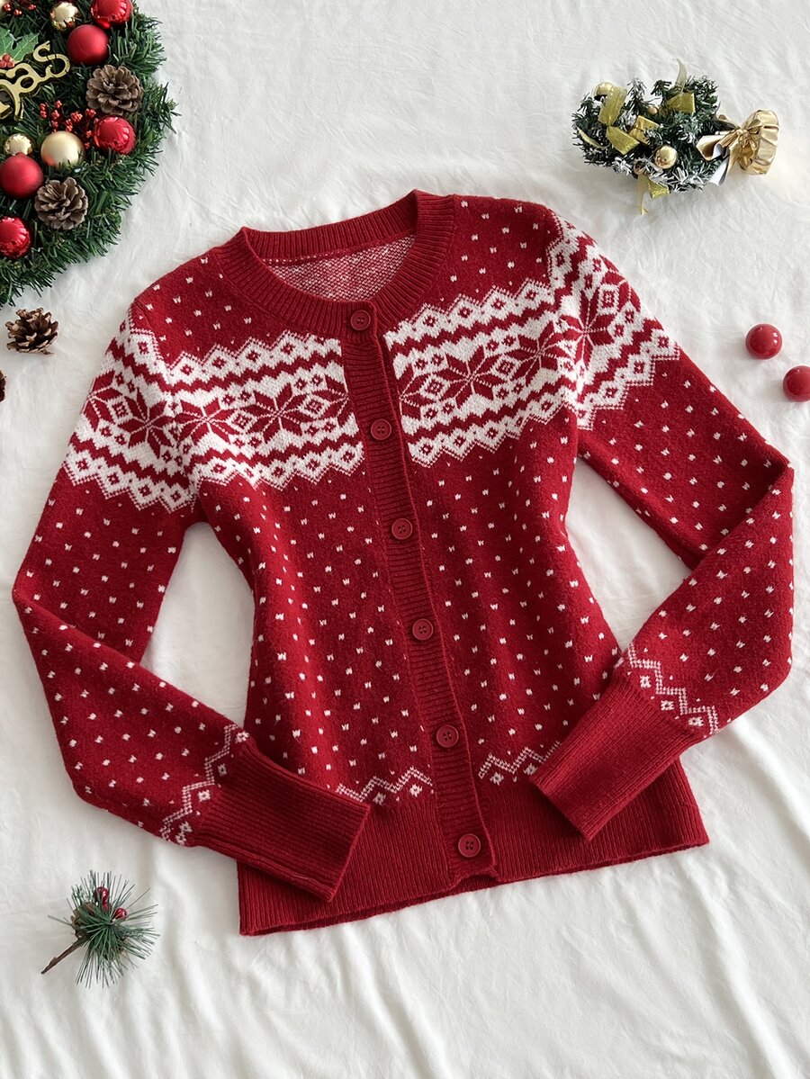 Elamini Women's Casual Versatile Christmas Jacquard Knit Cardigan Sweater For Daily Wear, Autumn/Winter - Red - View 1