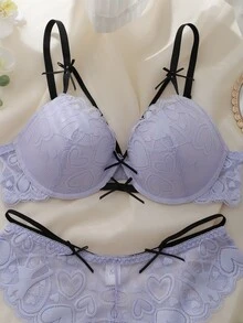 DelicateAllure 女款性感蕾絲內衣與蝴蝶結裝飾三角內褲內衣套裝 - 紫色 - 查看 5