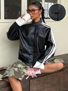 Muchica Women's Fall New Black And White Striped PU Frog Button Design Patchwork Webbing Casual Vintage Street Loose Jacket For Going Out Everyday Daytime - Black - View 6