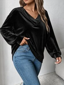 EMERY ROSE بلوزة رياضية فضفاضة كاجوال للنساء بمقاسات كبيرة، رمادية اللون، بياقة على شكل حرف V، بتصميم مضلع عريض، للخريف/الشتاء - الأسود - مشاهدة 5