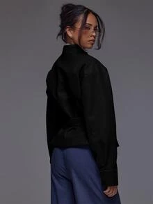 MUSERA Weekdaze 漏斗領桶袖綁帶收腰 PU 皮革夾克，秋冬日常休閒外出酷感外套 - 黑色 - 查看 4