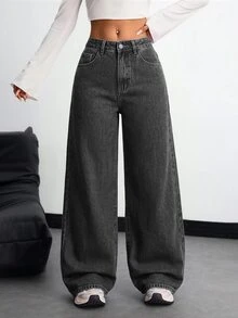 SHEIN ICON 大尺碼女款休閒度假風棕色無彈力牛仔直筒長褲 - 深灰色 - 查看 1