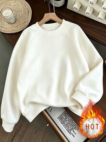 INAWLY Women's Raglan Long Sleeve Minimalist Casual Double-Sided Fleece Sweatshirt - White - View 1