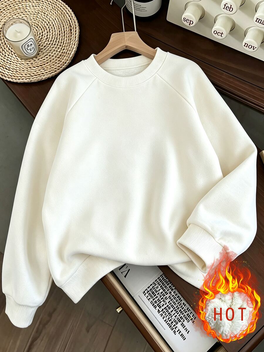 INAWLY Women's Raglan Long Sleeve Minimalist Casual Double-Sided Fleece Sweatshirt - White - View 1