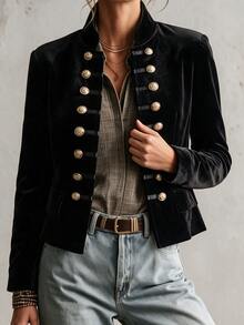 LUMIGAL Women's Double-Breasted Metal Button Design Long Sleeve Casual Napoleon Winter Coat - Black - View 3