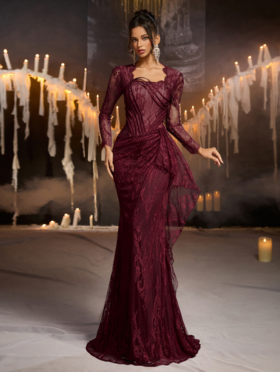 Glamrae Elegant Romantic Fashionable Dignified Burgundy Lace Fabric Long Sleeve Boning Decor Pleated Decor Fishtail Hem Pleated Decor Elegant Party Dress Wedding Guest Dress Bachelorette Party Dress Formal Evening Gown