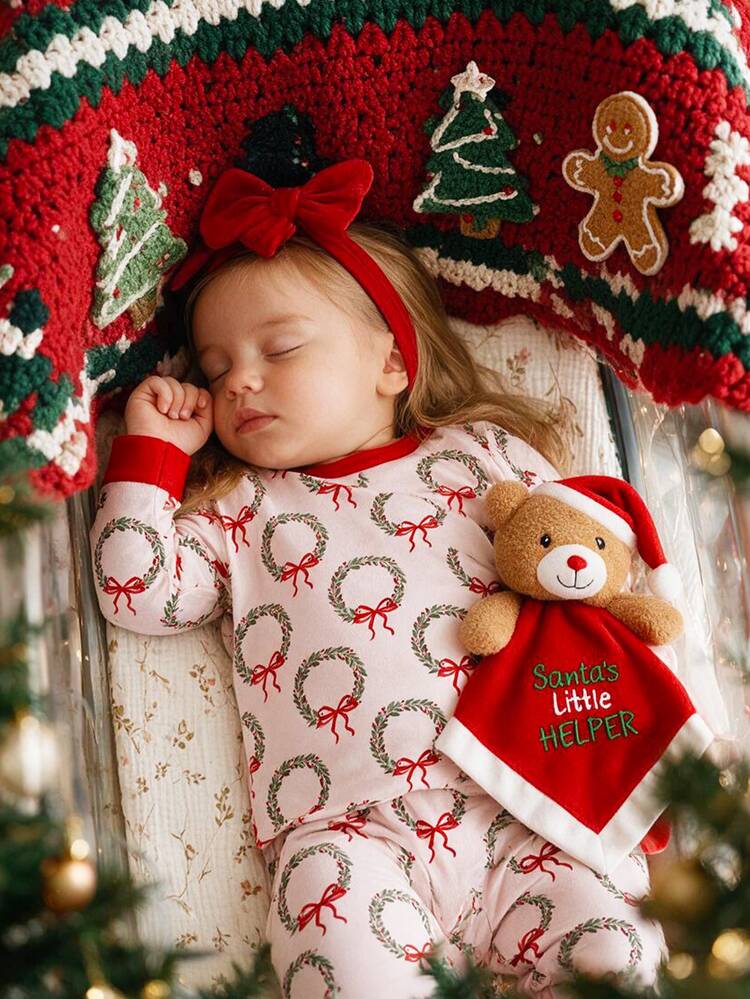 Merry Christmas Cream Pink & Christmas Red, Sweet Dream, Pastoral Floral Pine Branch Wreath Bow Pattern, Baby Girl Casual Simple Comfortable Long Sleeve Long Pants Loungewear, Suitable For Autumn/Winter, Snug Fit, Bohemian, Pajamas, Family Party, Creative Gift - Multicolor - View 1
