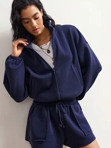 Bohemela Women's Solid Color Zip-Up Long Sleeve Top And Shorts Casual 2 Pieces Set - Navy Blue - View 2