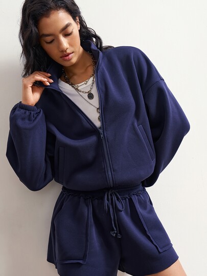 Bohemela Women's Solid Color Zip-Up Long Sleeve Top And Shorts Casual 2 Pieces Set