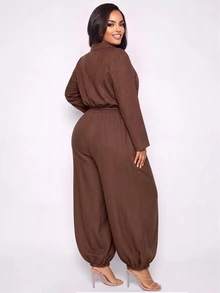 Poshavie Poshavie Plus Size Blazer Collar Wrap Long Sleeve Top & Elastic Waist Cuffed Pants Casual 2 Pieces Set - Coffee Brown - View 2