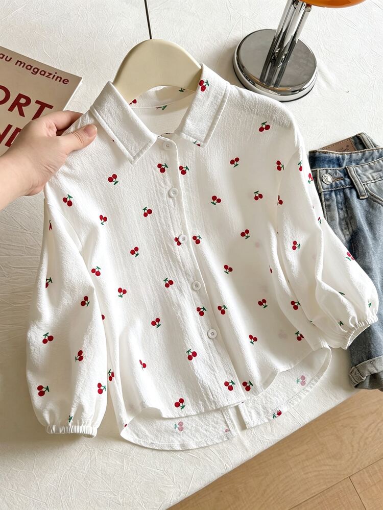 SHEIN Young Girl) Loose Shirt With Cherry Print And Bow Back Decoration,New Fall Styles, Autumn Bride Birthday Black Fairy Cowgirl - White - View 2