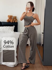 Napfluff Women's Cotton Striped Sexy Pajama Set, Camisole Casual Loungewear 3 Pieces Set - Chocolate Brown - View 5