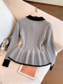GlowEve CURVE Plus Size Korean Style Button Contrast Color Long Sleeve Knit Cardigan - Multicolor - View 2