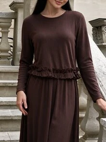 Modelyn Women's Autumn/Winter Coffee Color Pleated Knit Frill Trim Long Sleeve Maxi Dress 2 Pieces Set - Coffee Brown - View 5