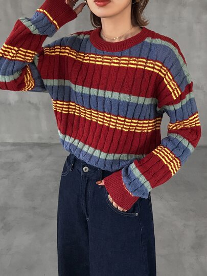 FRIFUL Women's Colorblock Casual Retro Vintage 70s Versatile Long Sleeve Sweater School Dark Red Autumn