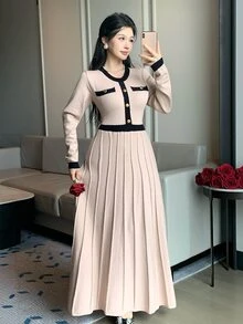 DAZY Women's Color Block Round Neck Long Sleeve Button Design Elegant Knit Dress - Apricot - View 8