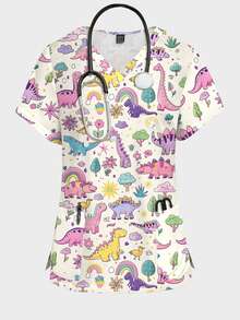 PopScrub Top de blouse infirmière pour femme, style graffiti peint à la main, imprimé coloré dinosaure nœud-en-ciel et plante, couleur abricot clair, mode automne/été, col en V, manches courtes, double poche, fente latérale, vêtement de travail, Top de blouse chirurgical mignon pour femme, Top d'uniforme de blouse - Multicolore - Voir 1