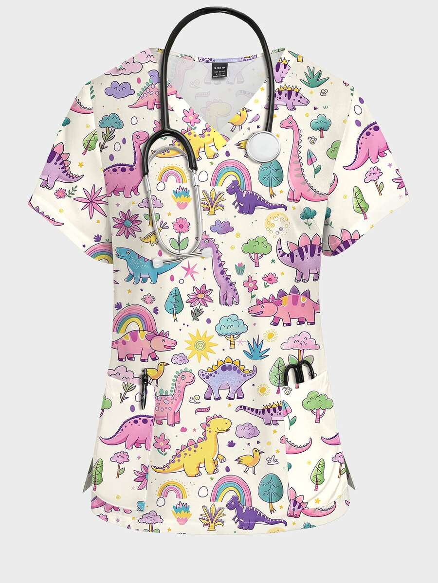 PopScrub Top de blouse infirmière pour femme, style graffiti peint à la main, imprimé coloré dinosaure nœud-en-ciel et plante, couleur abricot clair, mode automne/été, col en V, manches courtes, double poche, fente latérale, vêtement de travail, Top de blouse chirurgical mignon pour femme, Top d'uniforme de blouse - Multicolore - Voir 1