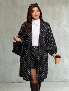SHEIN LUNE 大尺碼女款秋冬長袖波點中長版柔軟舒適休閒日常穿著夾克 - 黑與白 - 查看 7